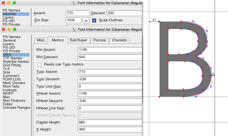 Font metrics values using FontForge